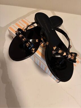 Black Rose Gold Studded Bow Jelly Sandals